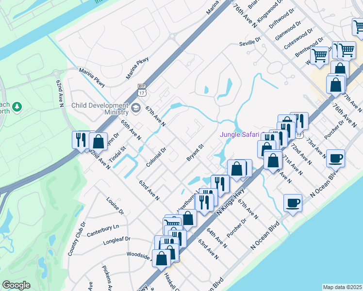 map of restaurants, bars, coffee shops, grocery stores, and more near 711 67th Avenue North in Myrtle Beach