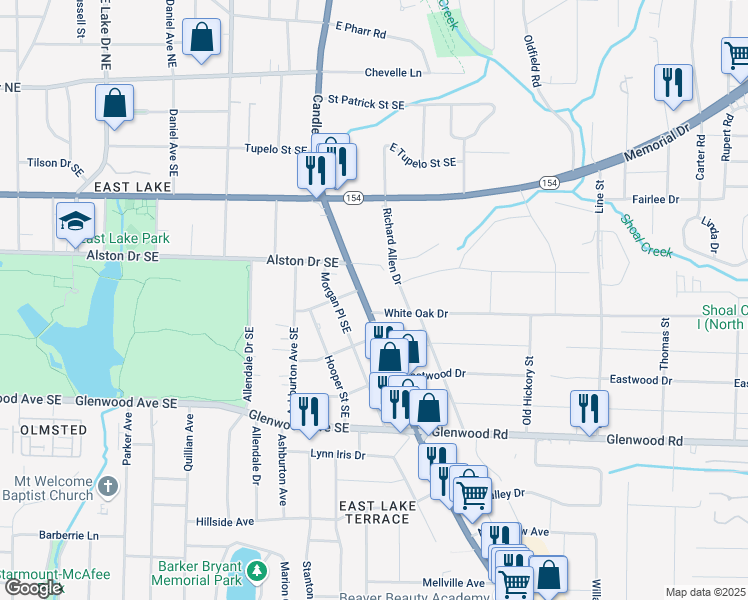 map of restaurants, bars, coffee shops, grocery stores, and more near 338 Candler Road Southeast in Atlanta