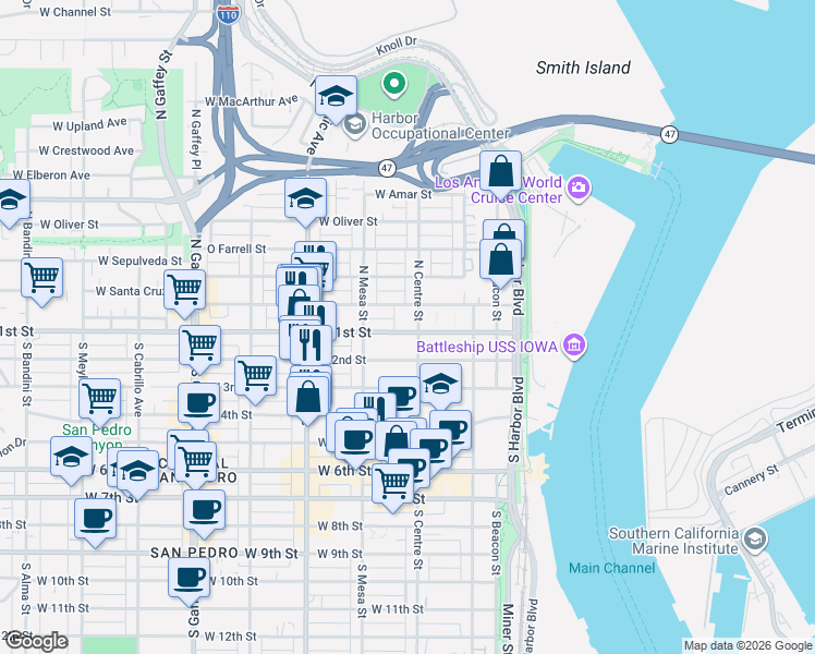 map of restaurants, bars, coffee shops, grocery stores, and more near 328 West 1st Street in Los Angeles