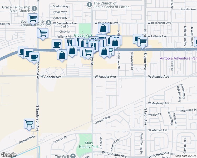 map of restaurants, bars, coffee shops, grocery stores, and more near 2421 West Acacia Avenue in Hemet