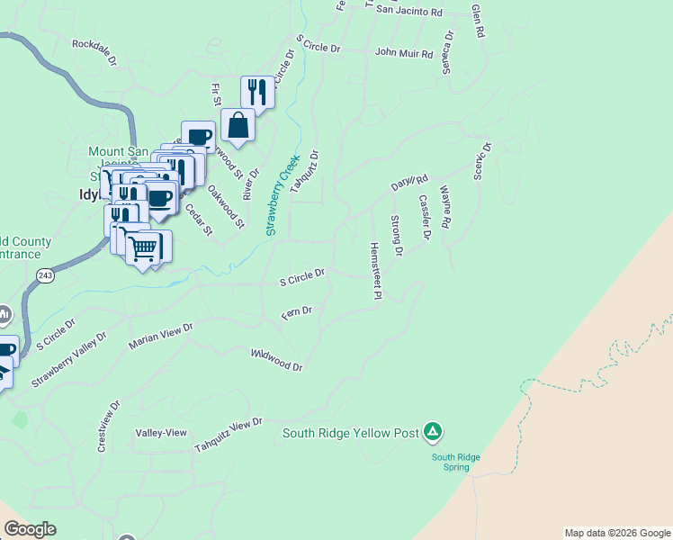 map of restaurants, bars, coffee shops, grocery stores, and more near 54865 Strong Drive in Idyllwild-Pine Cove