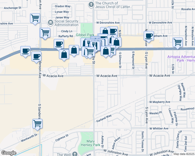 map of restaurants, bars, coffee shops, grocery stores, and more near 2467 West Acacia Avenue in Hemet