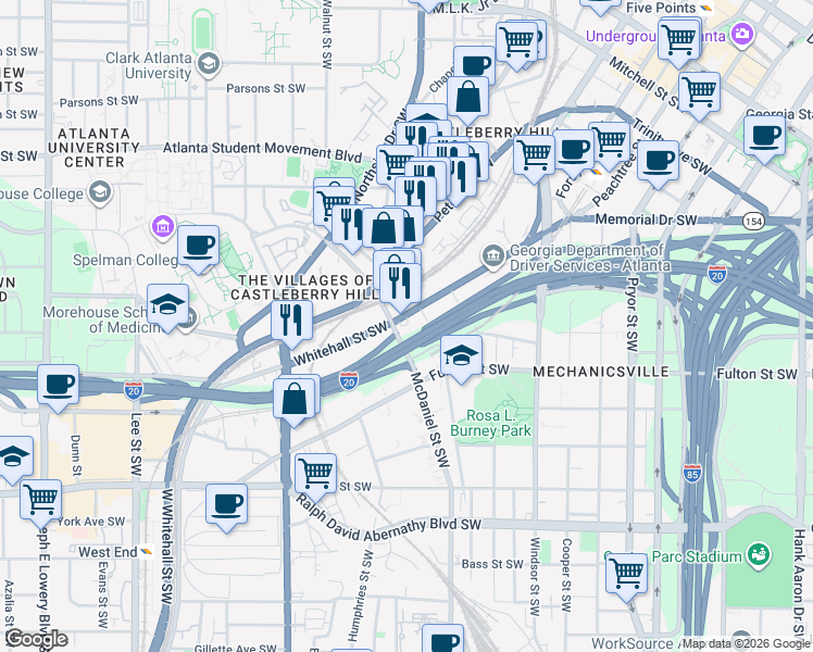 map of restaurants, bars, coffee shops, grocery stores, and more near 490 Whitehall Street Southwest in Atlanta