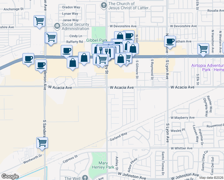 map of restaurants, bars, coffee shops, grocery stores, and more near 2499 West Acacia Avenue in Hemet