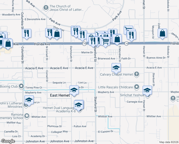 map of restaurants, bars, coffee shops, grocery stores, and more near 41699 Acacia East Avenue in Hemet
