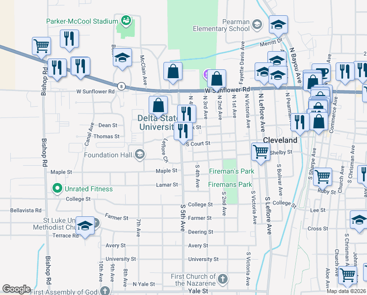 map of restaurants, bars, coffee shops, grocery stores, and more near 100-154 North 5th Avenue in Cleveland