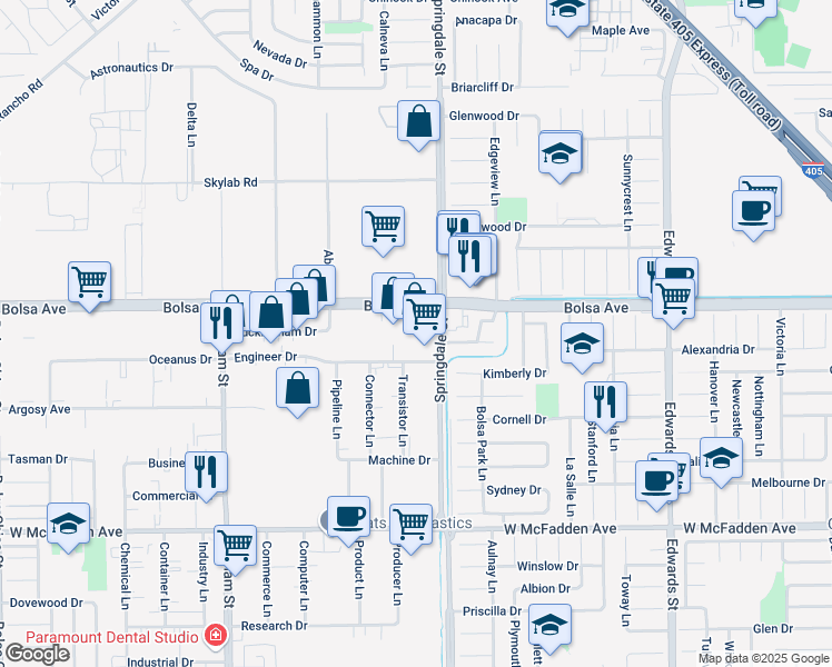 map of restaurants, bars, coffee shops, grocery stores, and more near 5882 Bolsa Avenue in Huntington Beach