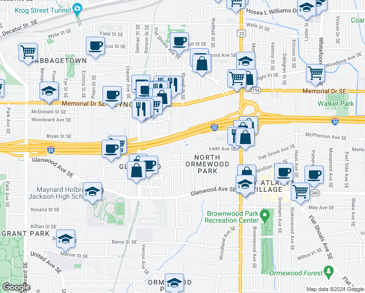 map of restaurants, bars, coffee shops, grocery stores, and more near 390 Stovall Street Southeast in Atlanta