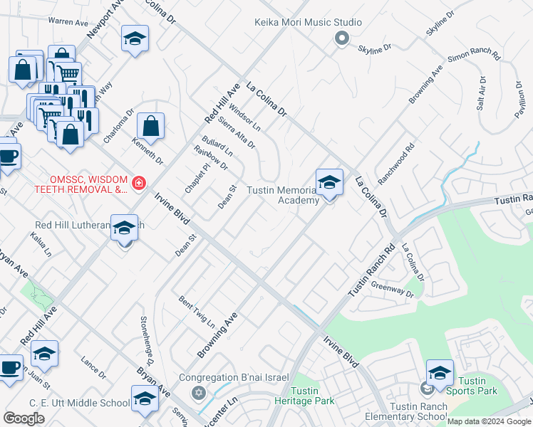 map of restaurants, bars, coffee shops, grocery stores, and more near 1851 Cockscrow Lane in Santa Ana
