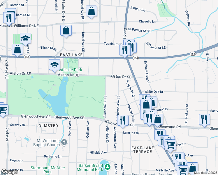 map of restaurants, bars, coffee shops, grocery stores, and more near 319 Ashburton Avenue Southeast in Atlanta