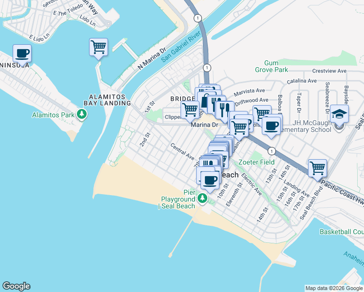 map of restaurants, bars, coffee shops, grocery stores, and more near 204 5th St in Seal Beach