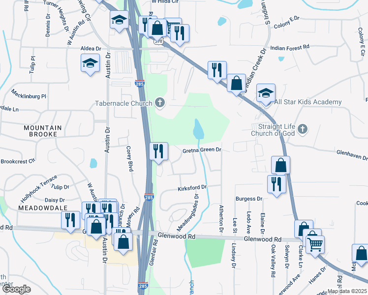 map of restaurants, bars, coffee shops, grocery stores, and more near 3964 Gretna Green Drive in Decatur