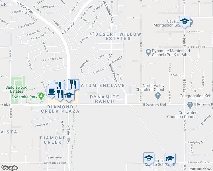 map of restaurants, bars, coffee shops, grocery stores, and more near 5042 East Lucia Drive in Cave Creek