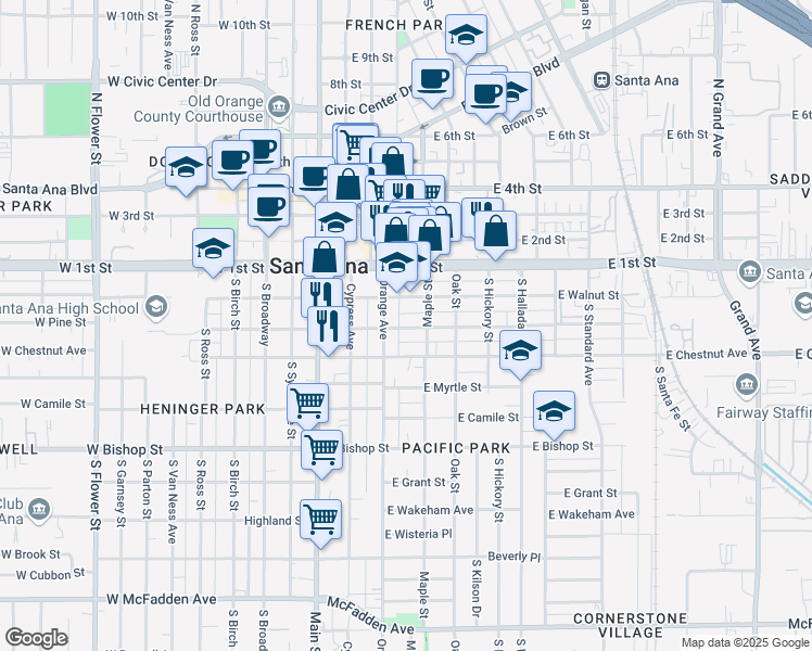 map of restaurants, bars, coffee shops, grocery stores, and more near 320 East Walnut Street in Santa Ana
