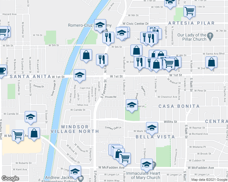 map of restaurants, bars, coffee shops, grocery stores, and more near 206 South Sullivan Street in Santa Ana