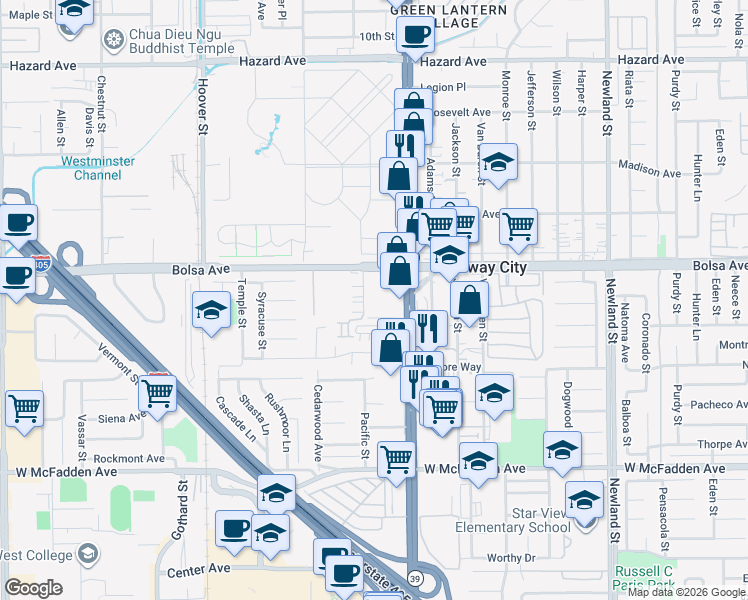 map of restaurants, bars, coffee shops, grocery stores, and more near 7852 Bolsa Avenue in Midway City