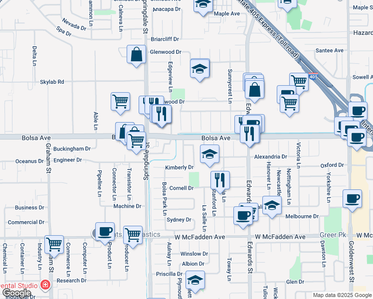 map of restaurants, bars, coffee shops, grocery stores, and more near 15031 Capetown Lane in Huntington Beach