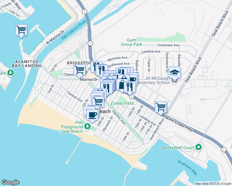 map of restaurants, bars, coffee shops, grocery stores, and more near 350 Main Street in Seal Beach