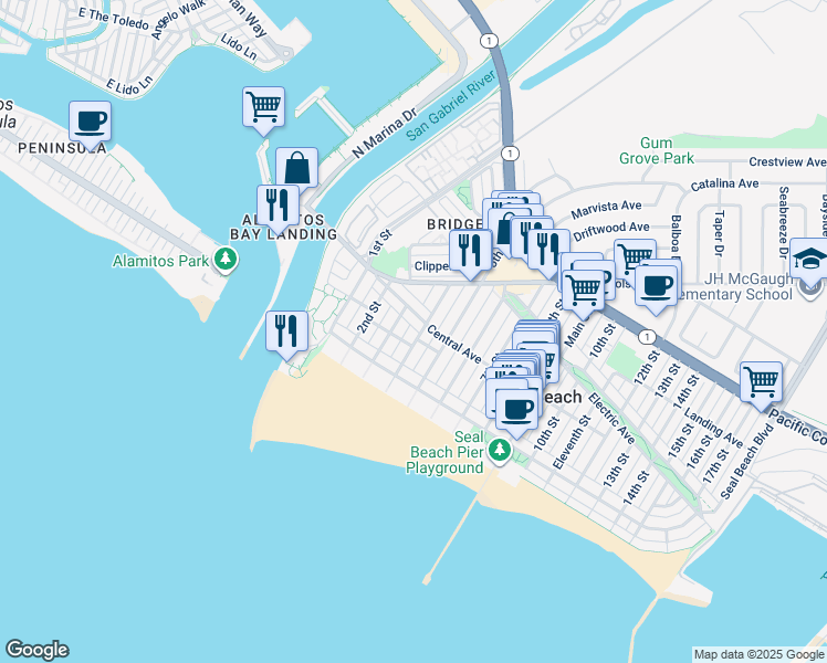 map of restaurants, bars, coffee shops, grocery stores, and more near 302 Central Avenue in Seal Beach