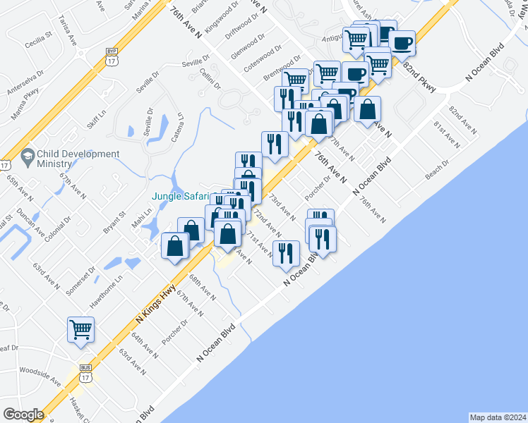 map of restaurants, bars, coffee shops, grocery stores, and more near 7200 U.S. 17 Business in Myrtle Beach