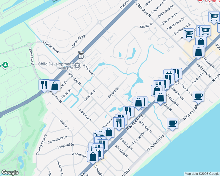 map of restaurants, bars, coffee shops, grocery stores, and more near 782 67th Avenue North in Myrtle Beach