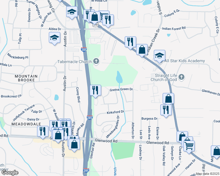 map of restaurants, bars, coffee shops, grocery stores, and more near 3964 Gretna Green Drive in Decatur