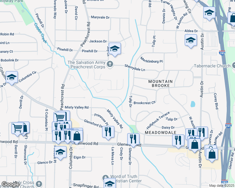 map of restaurants, bars, coffee shops, grocery stores, and more near 3524 Brookfield Lane in Decatur