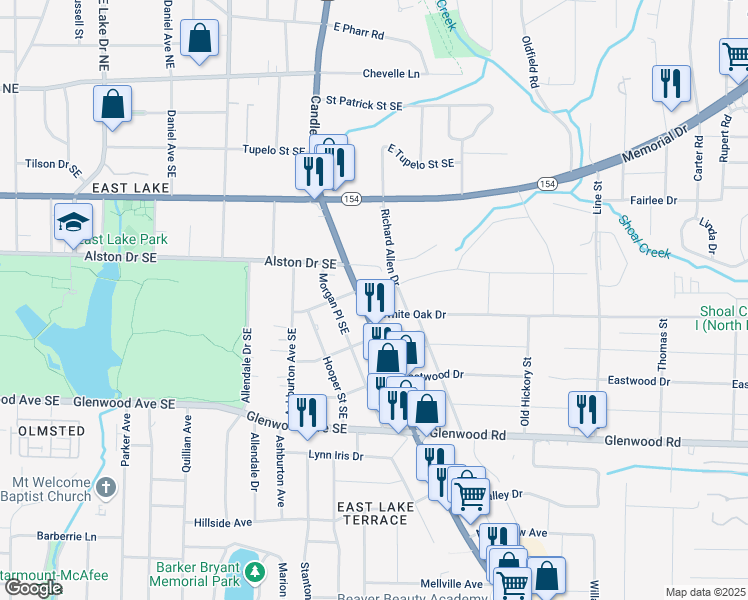 map of restaurants, bars, coffee shops, grocery stores, and more near 338 Candler Road Southeast in Atlanta