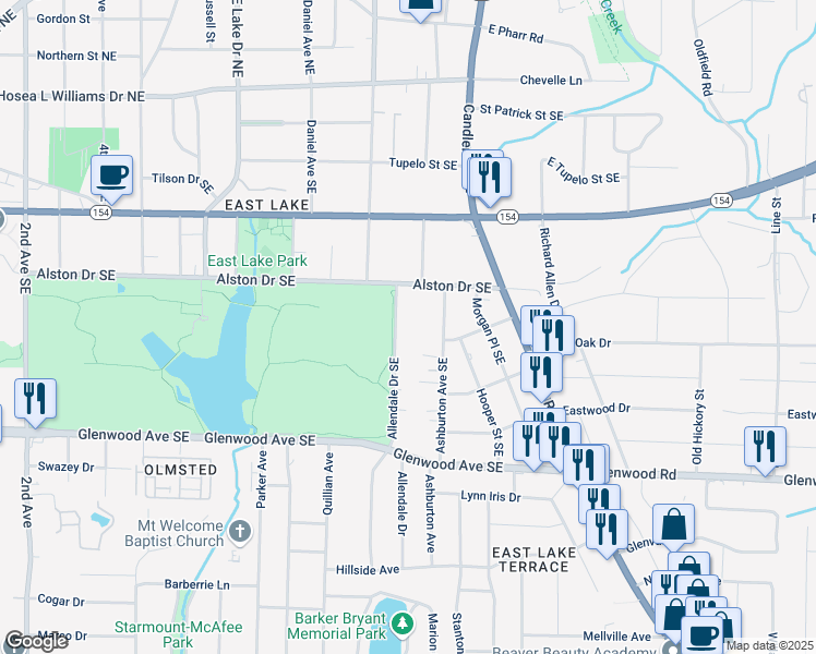 map of restaurants, bars, coffee shops, grocery stores, and more near 319 Ashburton Avenue Southeast in Atlanta