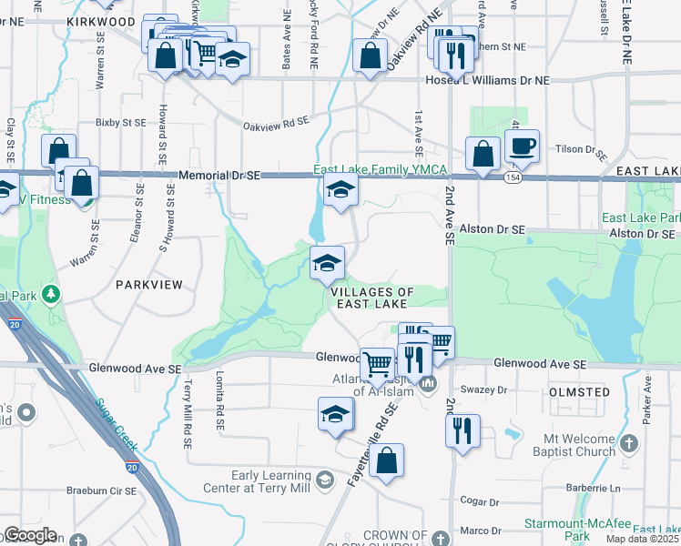 map of restaurants, bars, coffee shops, grocery stores, and more near 806 Lakeside Village Drive Southeast in Atlanta