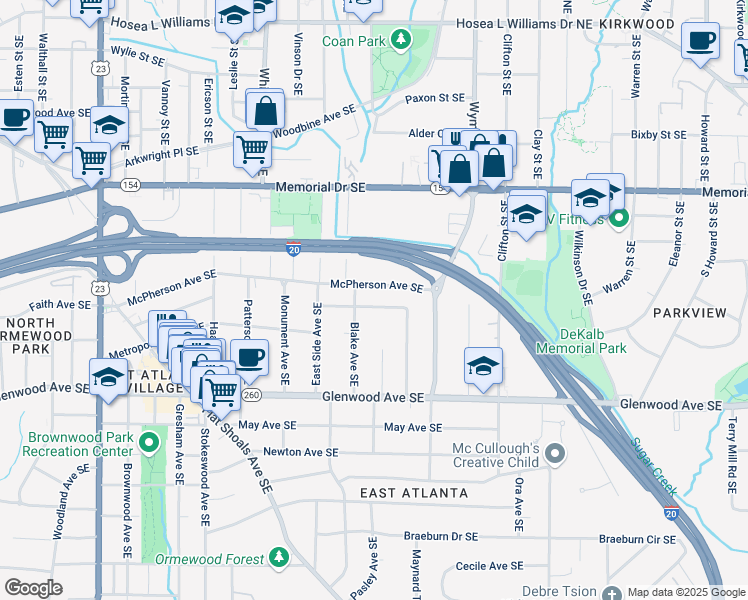map of restaurants, bars, coffee shops, grocery stores, and more near 1532 McPherson Avenue Southeast in Atlanta