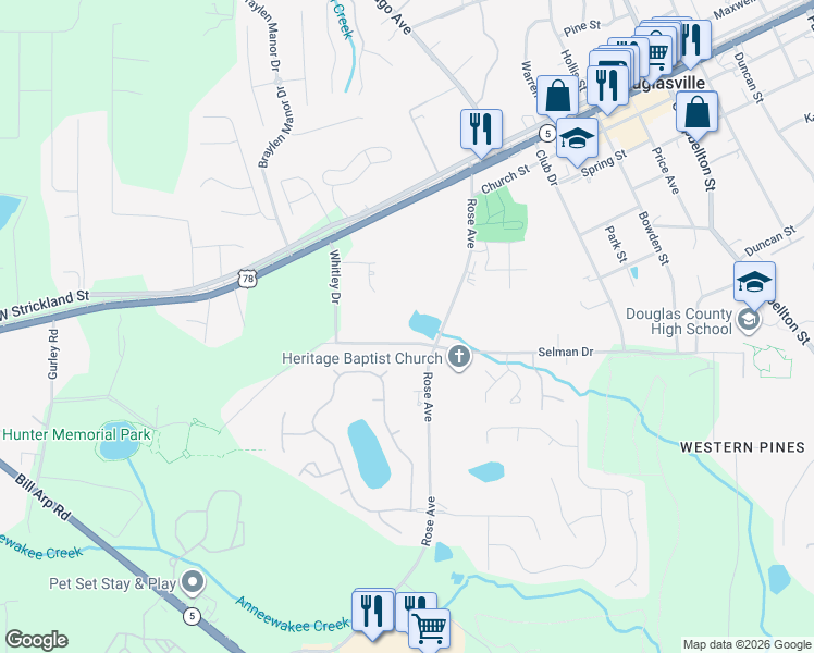 map of restaurants, bars, coffee shops, grocery stores, and more near 8745 Rose Avenue in Douglasville