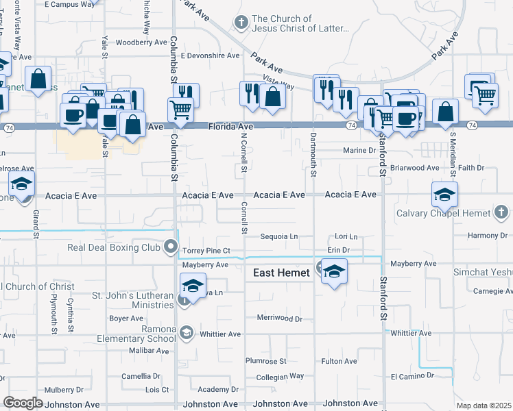 map of restaurants, bars, coffee shops, grocery stores, and more near 41284 Orange Place in Hemet