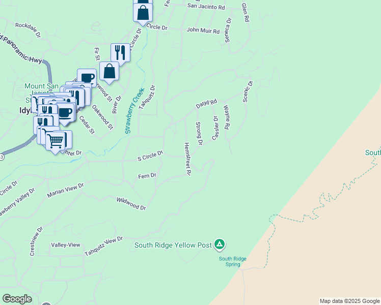 map of restaurants, bars, coffee shops, grocery stores, and more near 26080 Hemstreet Place in Idyllwild-Pine Cove