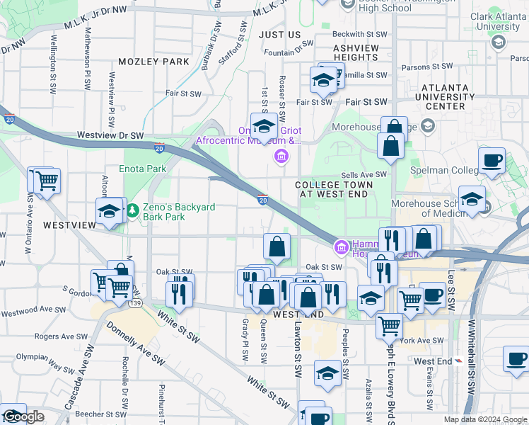 map of restaurants, bars, coffee shops, grocery stores, and more near 1152 Greenwich Street Southwest in Atlanta