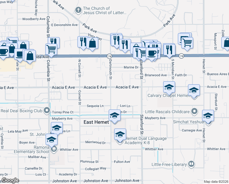 map of restaurants, bars, coffee shops, grocery stores, and more near 41531 Acacia East Avenue in Hemet