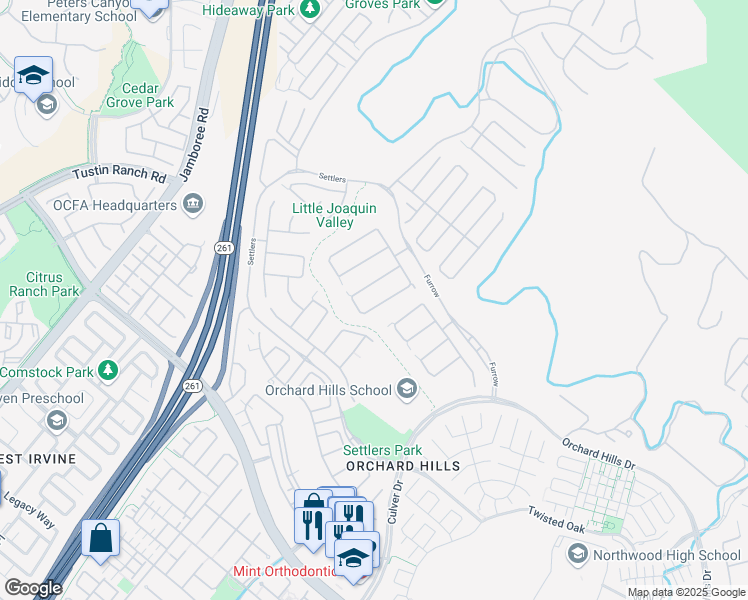 map of restaurants, bars, coffee shops, grocery stores, and more near 117 Andirons in Irvine