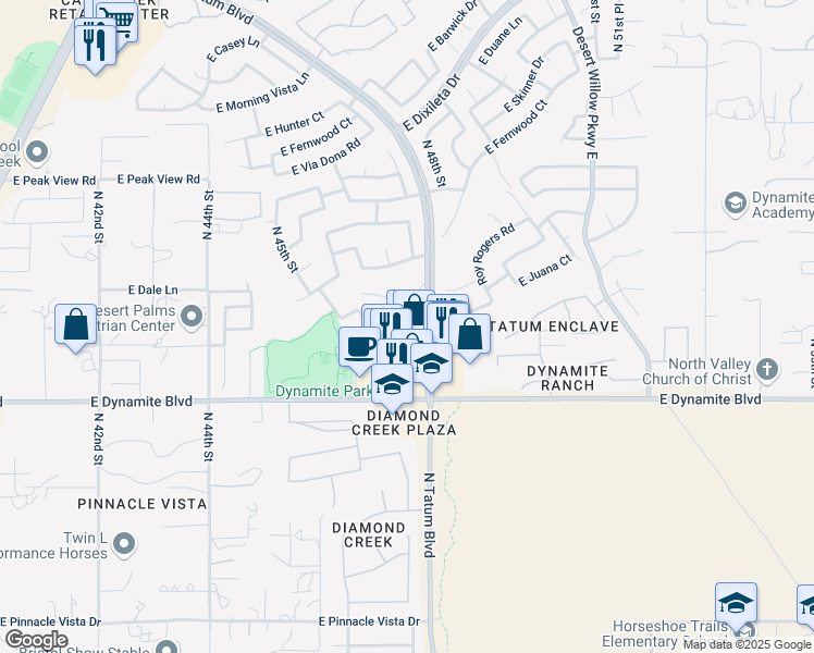 map of restaurants, bars, coffee shops, grocery stores, and more near 4635 East Juana Court in Cave Creek