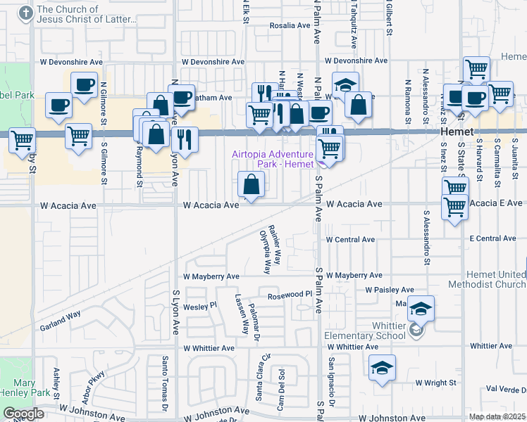 map of restaurants, bars, coffee shops, grocery stores, and more near 1211 West Acacia Avenue in Hemet