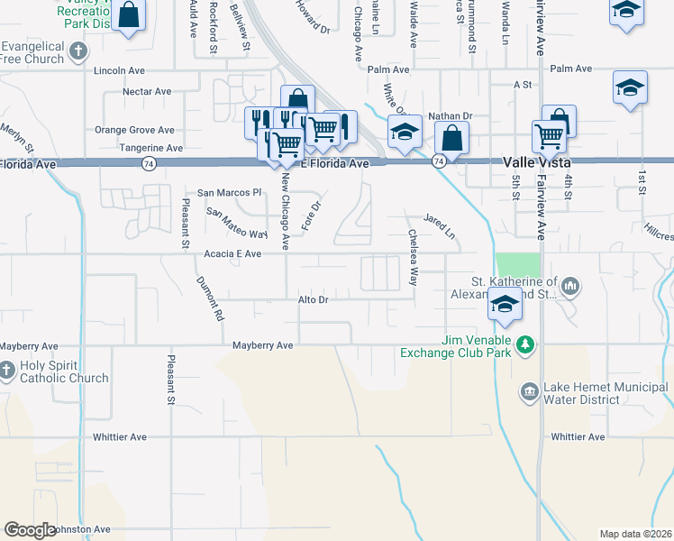 map of restaurants, bars, coffee shops, grocery stores, and more near 43451 Briercliff Drive in Hemet