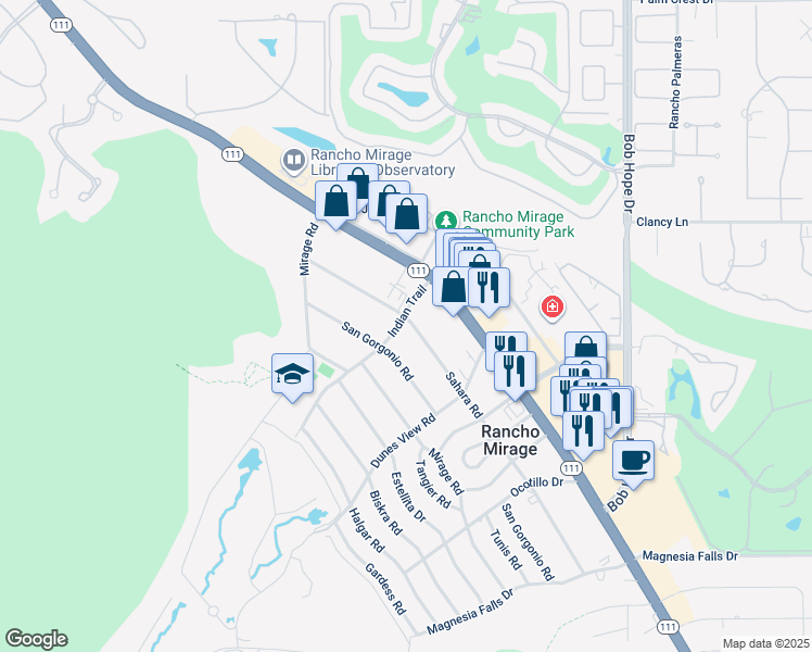 map of restaurants, bars, coffee shops, grocery stores, and more near 71501 Sahara Road in Rancho Mirage