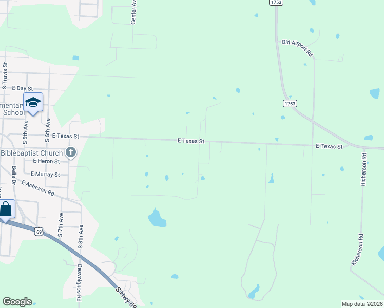 map of restaurants, bars, coffee shops, grocery stores, and more near 1416 East Texas Street in Denison