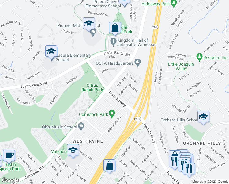map of restaurants, bars, coffee shops, grocery stores, and more near 2 Ardmore in Irvine
