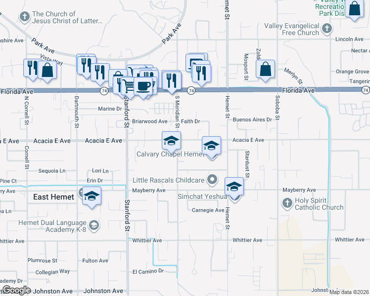 map of restaurants, bars, coffee shops, grocery stores, and more near 42036 Shadow Lane in Hemet