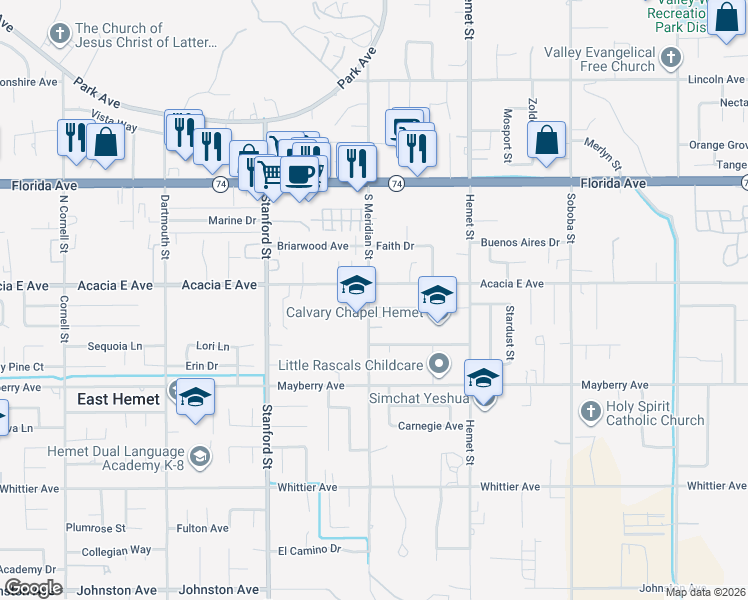 map of restaurants, bars, coffee shops, grocery stores, and more near in Hemet