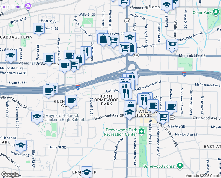 map of restaurants, bars, coffee shops, grocery stores, and more near 1100 Faith Avenue Southeast in Atlanta
