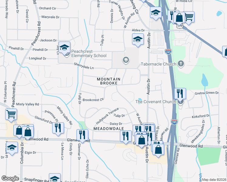 map of restaurants, bars, coffee shops, grocery stores, and more near 3743 Brookcrest Circle in Decatur