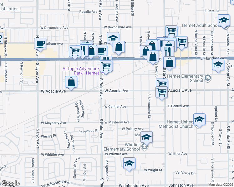 map of restaurants, bars, coffee shops, grocery stores, and more near 2 West Acacia Avenue in Hemet