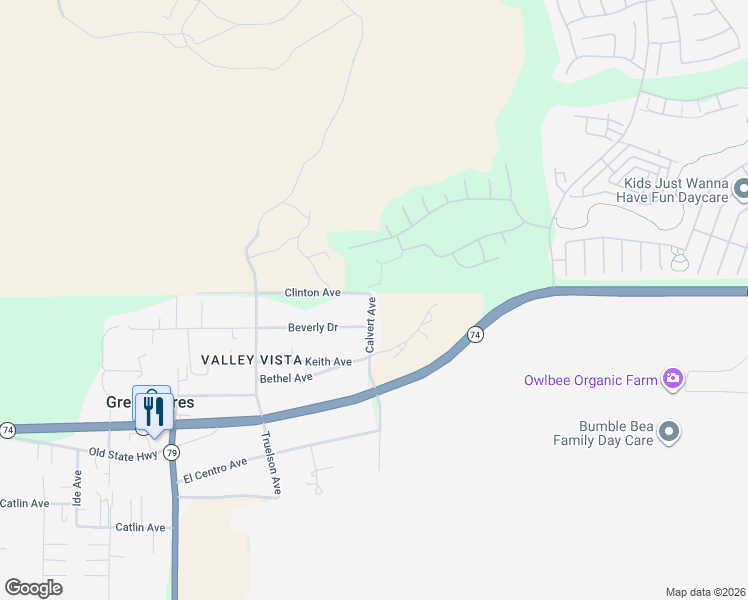 map of restaurants, bars, coffee shops, grocery stores, and more near 26036 Calvert Avenue in Hemet