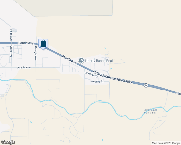map of restaurants, bars, coffee shops, grocery stores, and more near 45790 Emerson Street in Hemet